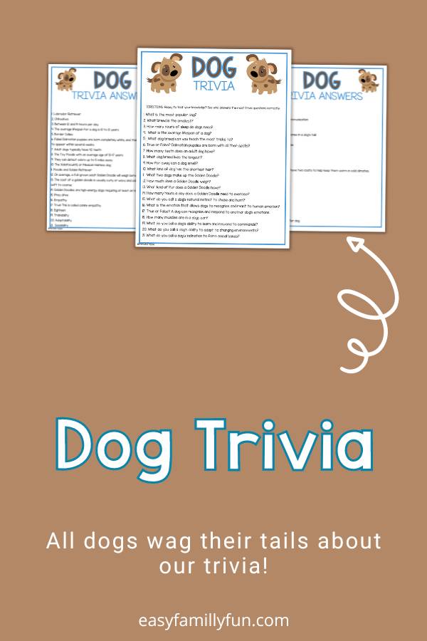 Dog trivia cards on a light brown background with an arrow and dog trivia written in white with a blue outline.