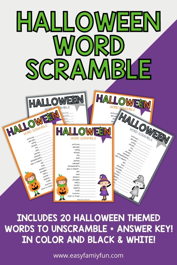 5 Halloween word scramble pdfs in color and black and white with purple and white background with green text that says Halloween word scramble