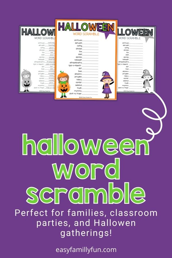 Halloween word scramble pdfs in color and black and white with purple background with green text that says Halloween word scramble
