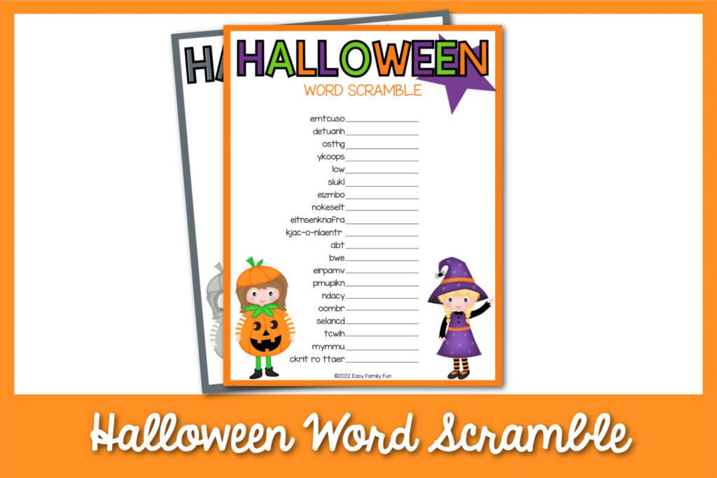 Halloween word scramble pdf in color and black and white with an orange border. 