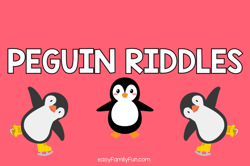 Penguin Riddles on pink background and 3 penguins on bottom of iamge