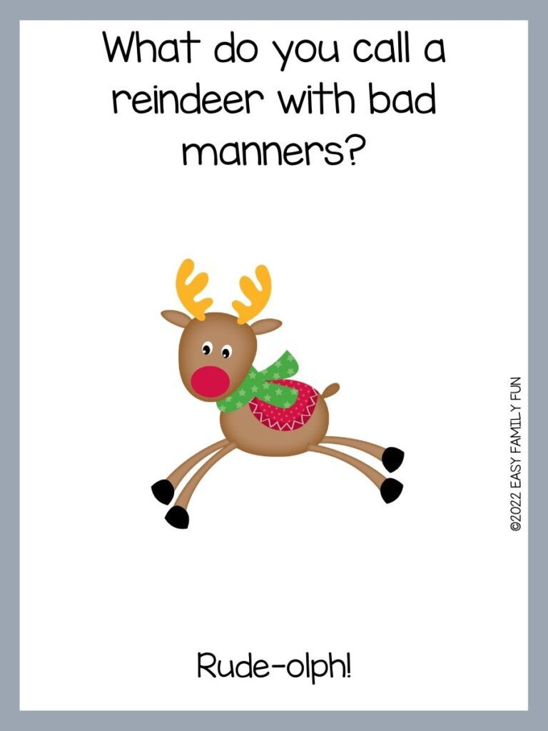 Light gray border with a white background, a brown color reindeer in green with a white snowflake scarf, and a red and white pol dot saddle with yellow mustard antlers and a red nose, with black font. 