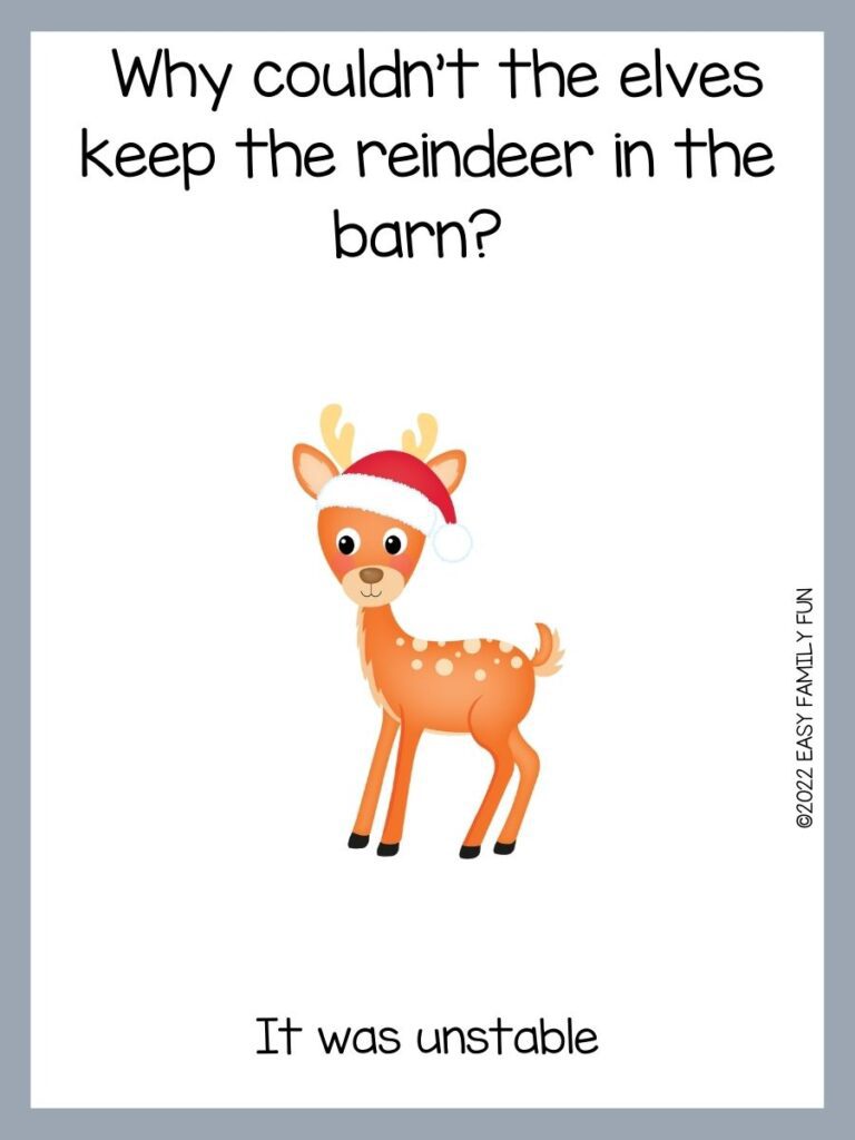 light gray border with white background, light brown reindeer with cream color dots and antlers wearing a Santa hat and black font 