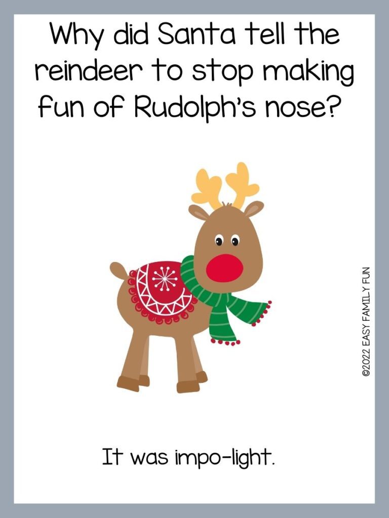 Light gray border with a white background, a brown reindeer wearing a green scarf, a red saddle with a white snowflake, a red nose, and cream color antlers.