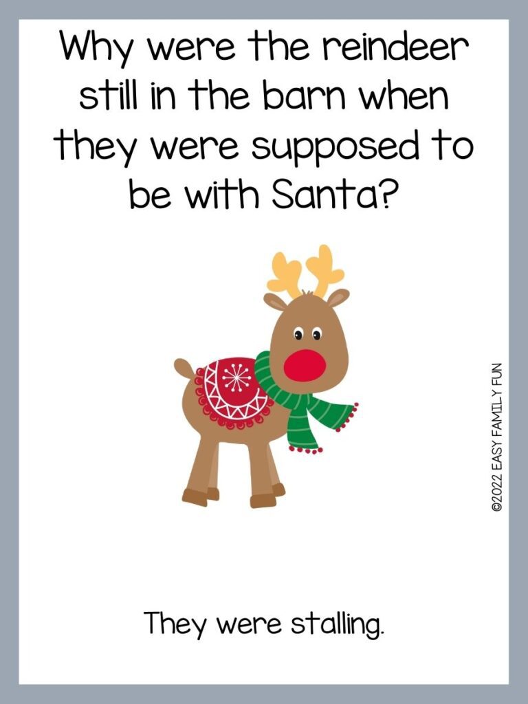 ight gray border with a white background, with a brown reindeer wearing a green scarf and a red saddle with a white snowflake and a red nose and cream color antlers.
