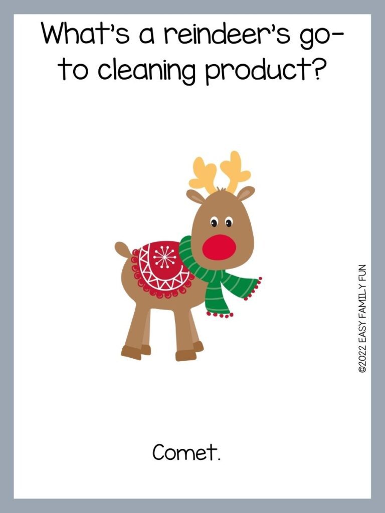Light gray border with a white background, with a brown reindeer wearing a green scarf and a red saddle with a white snowflake and a red nose and cream color antlers.