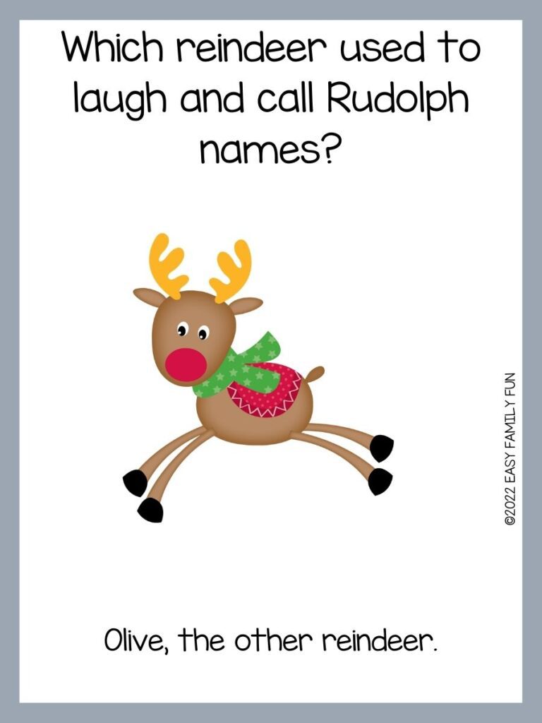 Light gray border with a white color background, a brown color reindeer in green with white snowflake scarf and a red and white Polk a dot saddle with yellow mustard antlers and red nose, with black font. 