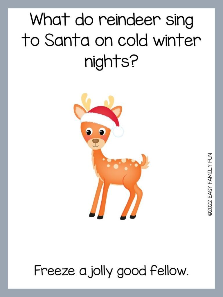 light gray border with white background, light brown reindeer with cream color dots and antlers wearing a Santa hat and black font 