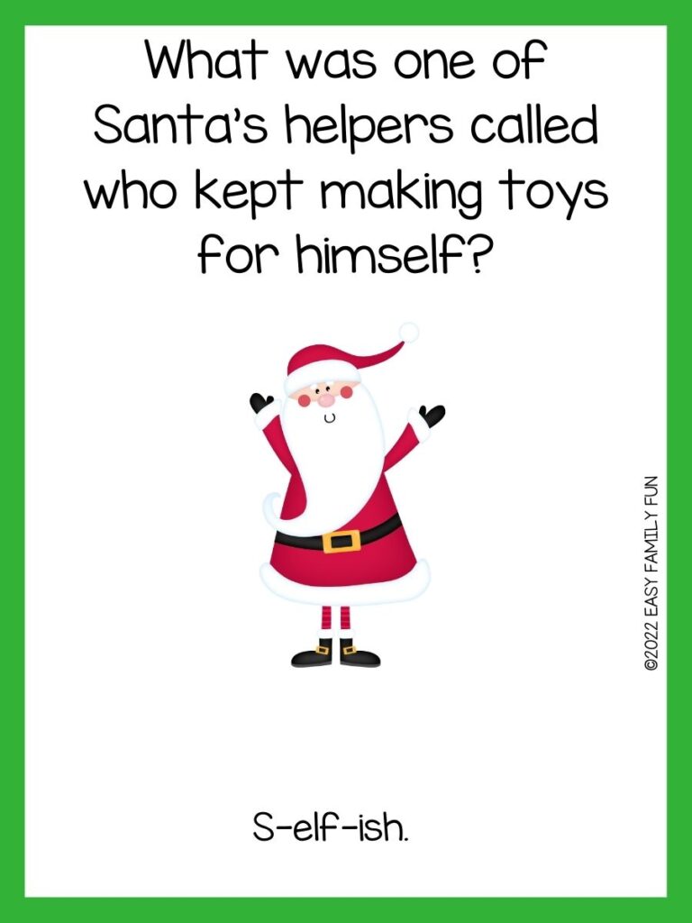Bright green border with a white background. A tall lengthy Santa with his red suit and black belt, and mittens, wearing a Santa hat and handstand arms in a high v.