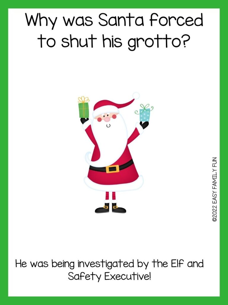 Bright green border with white background and black font. tall lengthy Santa is in the center of the page,, wearing his red suit, holding his arms in a high v with a blur pol dot present in one hand and a green present in the other. 