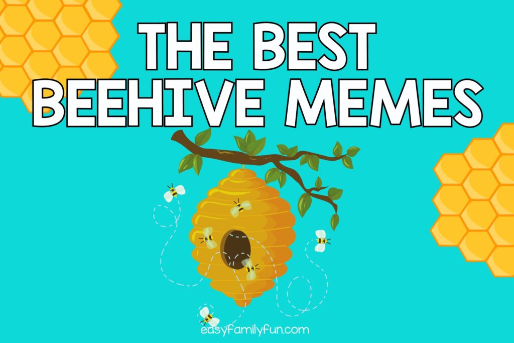 blue background with image of a beehive on a branch with bees swarming. 2 honeycombs and white text that says The best beehive memes