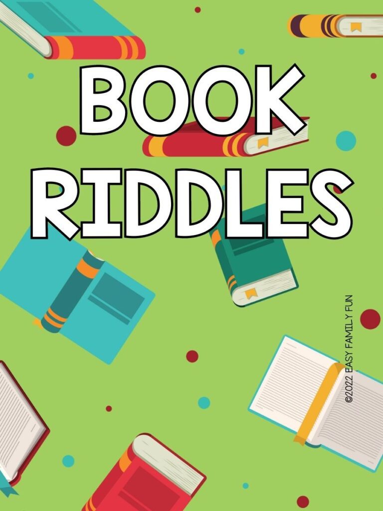 red, blue, and green books on green background with white text "Book riddles"