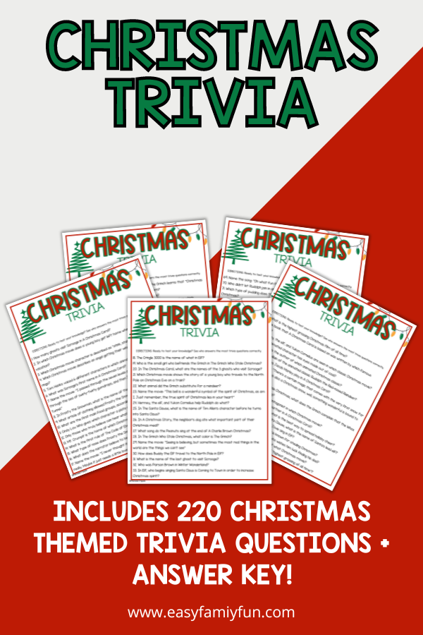 Split gray and red background with bold green letters, and three images of Christmas Trivia questions