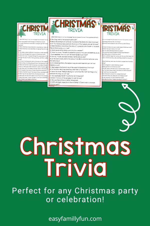 Green background with images of Christmas Trivia questions 