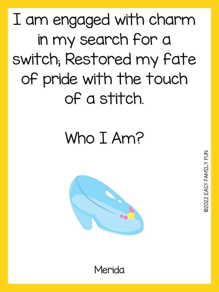 blue glass slipper with pink and yellow jewels, yellow border and Disney riddle and answer. 