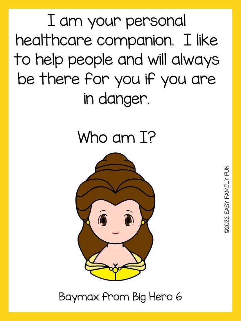 Princess with dark brown hair, yellow dress and yellow earrings with yellow border and Disney riddle and answer.