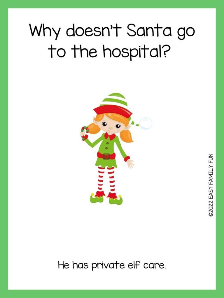 Green border around a white box, with an illustration of a female elf, with green and white striped hat, green tunic, and red and white striped pants, holding a green and red striped candy cane. 
