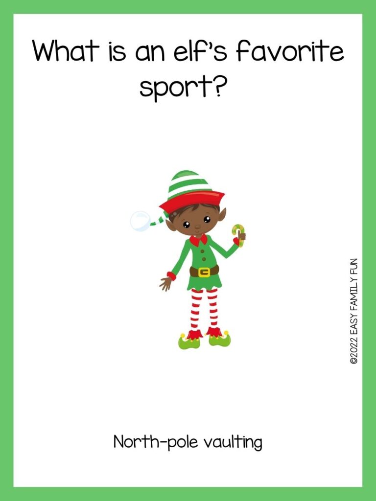 Green border around a white box, with an illustration of a male elf, with green and white striped hat, green tunic, and red and white striped pants, holding a light green and dark green candy cane.