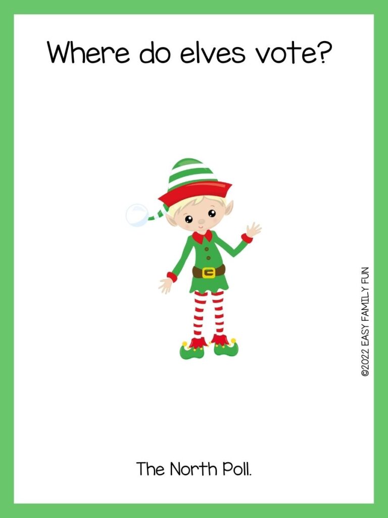 Green border around a white box, with an illustration of a male elf, with green and white striped hat, green tunic, and red and white striped pants, waving.