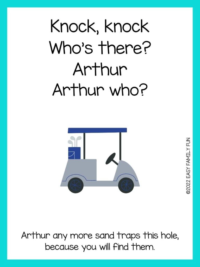 grey golf cart, with a blue golf bag, turquoise border, knock-knock joke and answer.