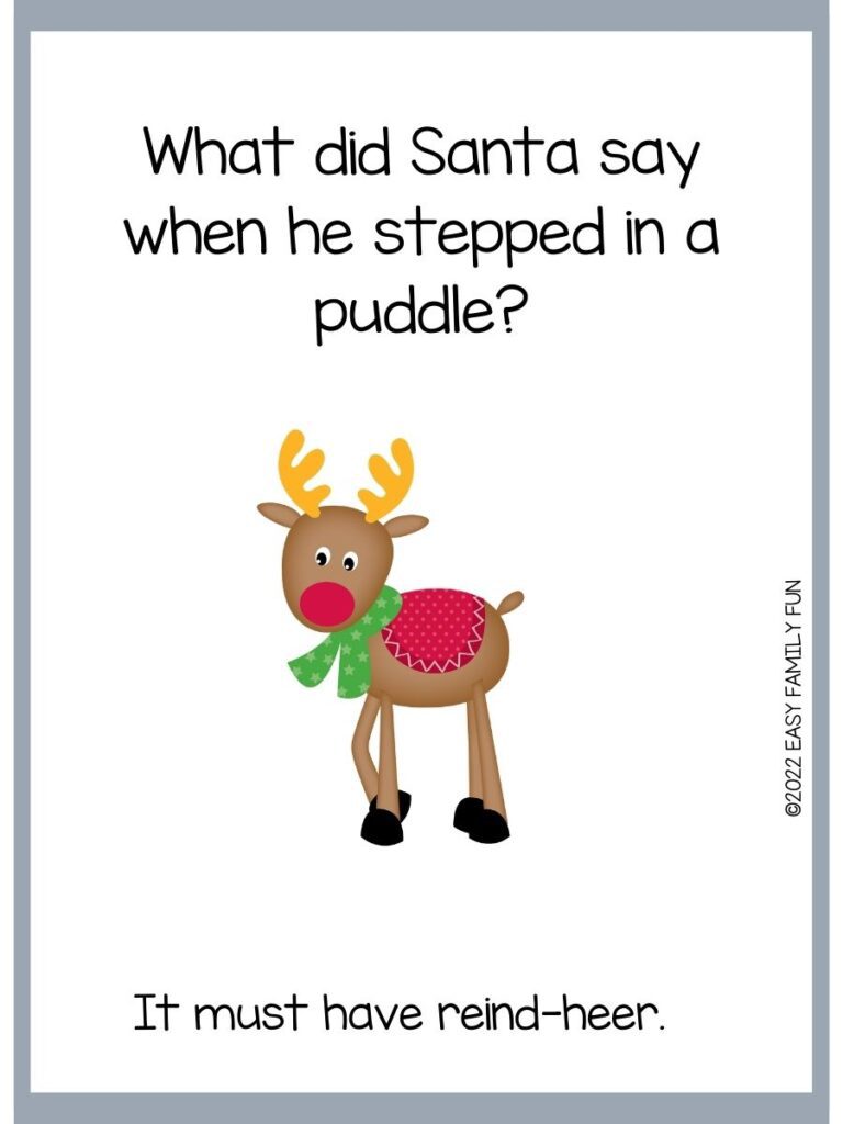light gray borders with a white background, with a light brown reindeer, wearing a green scarf with white snowflakes and a red Polk a dot saddle with yellow mustard antlers and a red nose and black font. 