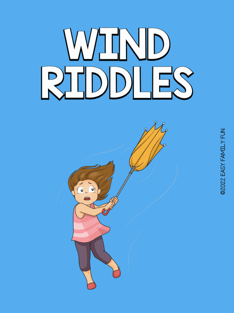 Wind Riddles with lady holding blowing away umbrella 