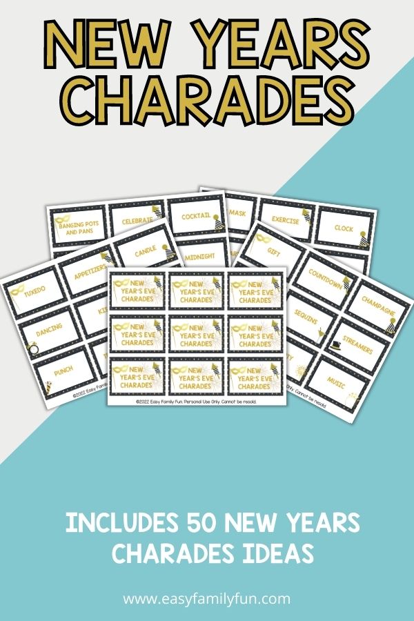 mockup with "New years charades" written in gold with black outline and New Years charades PDFs