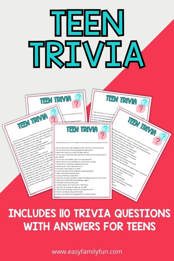 Red and grey background with teal block letters that say teen trivia with images showing pages of teen trivia questions and answers.