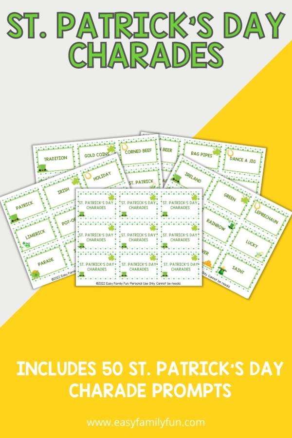 St. Patrick's Day charade card on a white and yellow background with green lettering. 