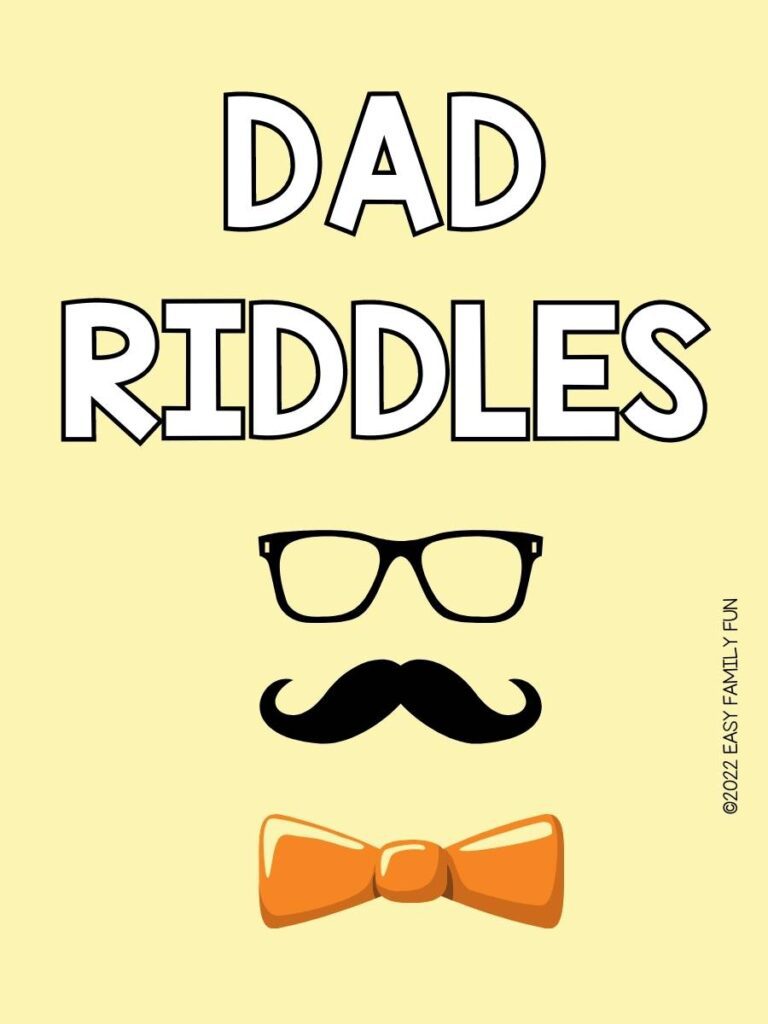 Dad riddles card with black glasses, a black mustache, and an orange bowtie on a yellow background.