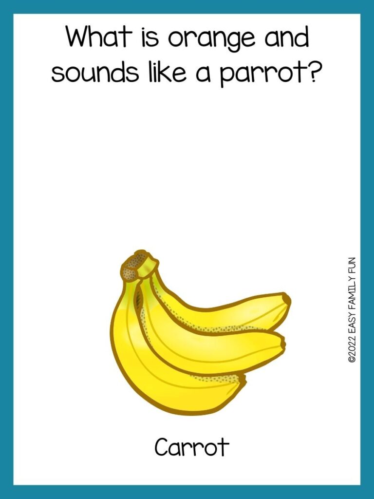 Food riddle with a picture of a bunch of bananas on a white background with a blue border.