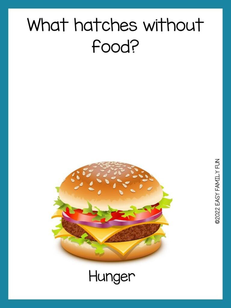 Food riddle with a picture of a cheeseburger on a white background with a blue border.