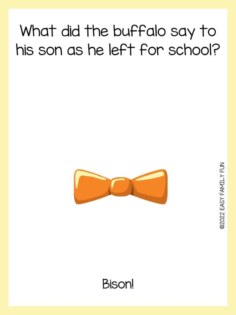 Riddle card with an orange bowtie on a white background with a yellow border. 