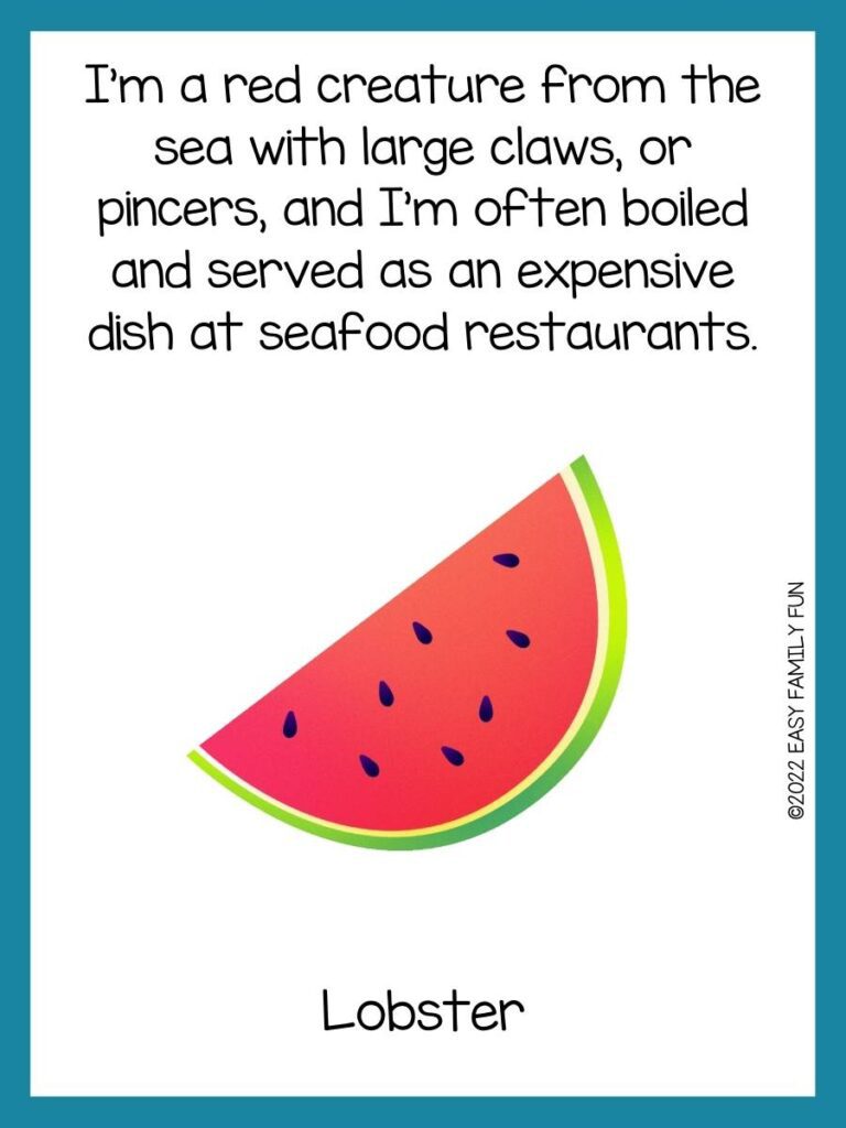Food riddle with a picture of a watermelon on white background with a blue border.