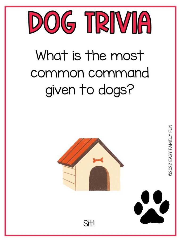Trivia question with a dog house, black pawprint, and a red border. 