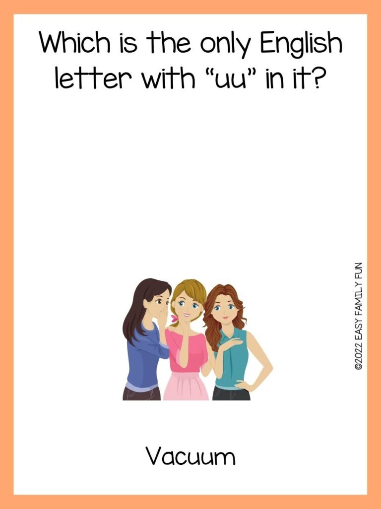 Riddle card with three teenage girls on a white background with a peach border.
