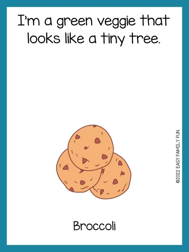 Food riddle with a picture of three chocolate chip cookies on a white background with a blue border.