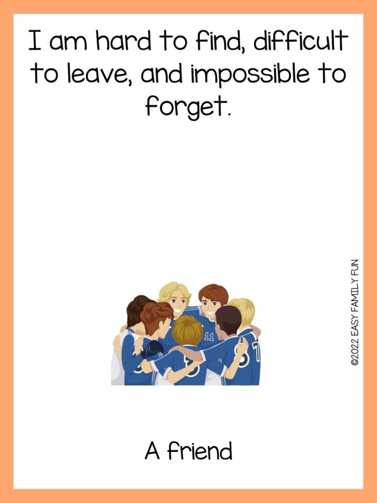 Riddle card with a boys’ sports team in a huddle on a white background with a peach border.
