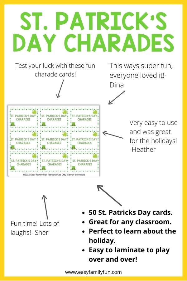 St. Patrick's Day Charades card with black arrows and letters with a yellow border.