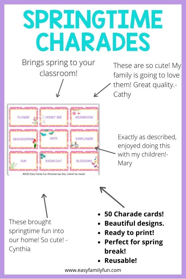 Springtime charades card on white background with a purple border, black arrows, and letters. 