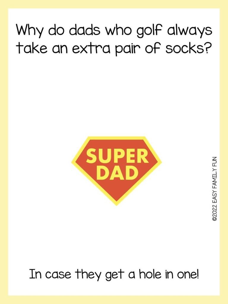Riddle card with super dad logo on a white background with a yellow border. 