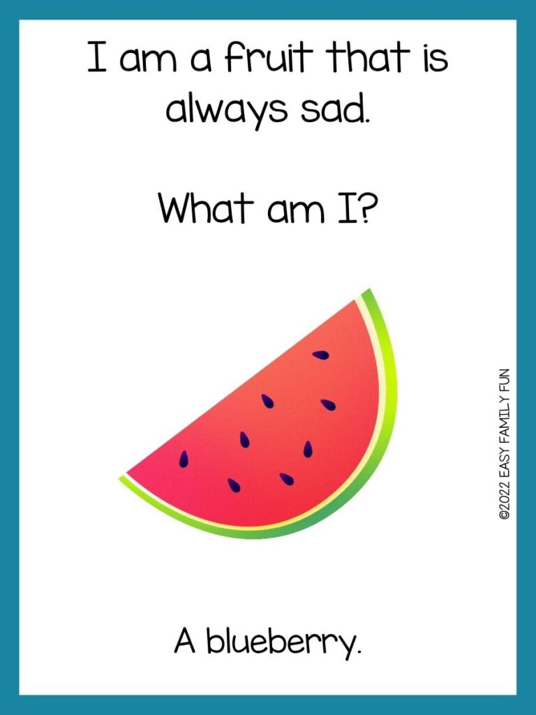 Food riddle with a picture of a watermelon on white background with a blue border. 