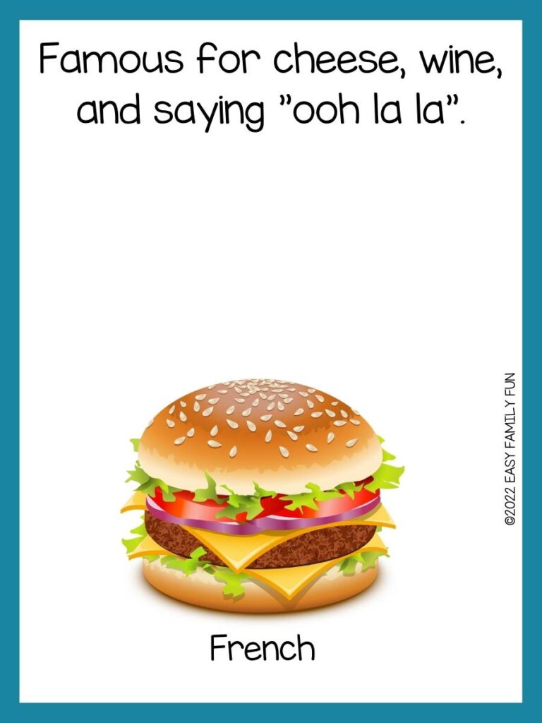 Food riddle with a picture of a cheeseburger on a white background with a blue border.