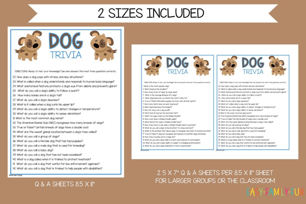 Two dog trivia sheets on a brown background.