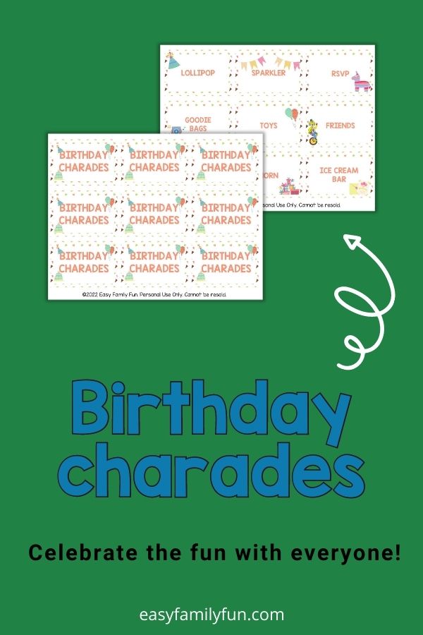 Green forest background, with blue font, and black outline, with a white swirl pointing and two small paper size of the birthday chardes that have white backrounds and orange font. the logo of website in white font at bottom easy family fun . com 