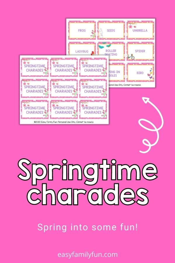 Springtime charade cards on a bright pink background with a white arrow.