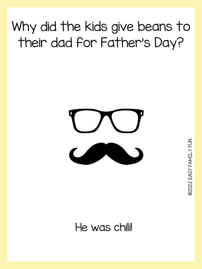 Riddle card with black glasses and mustache on a white background and a yellow border.