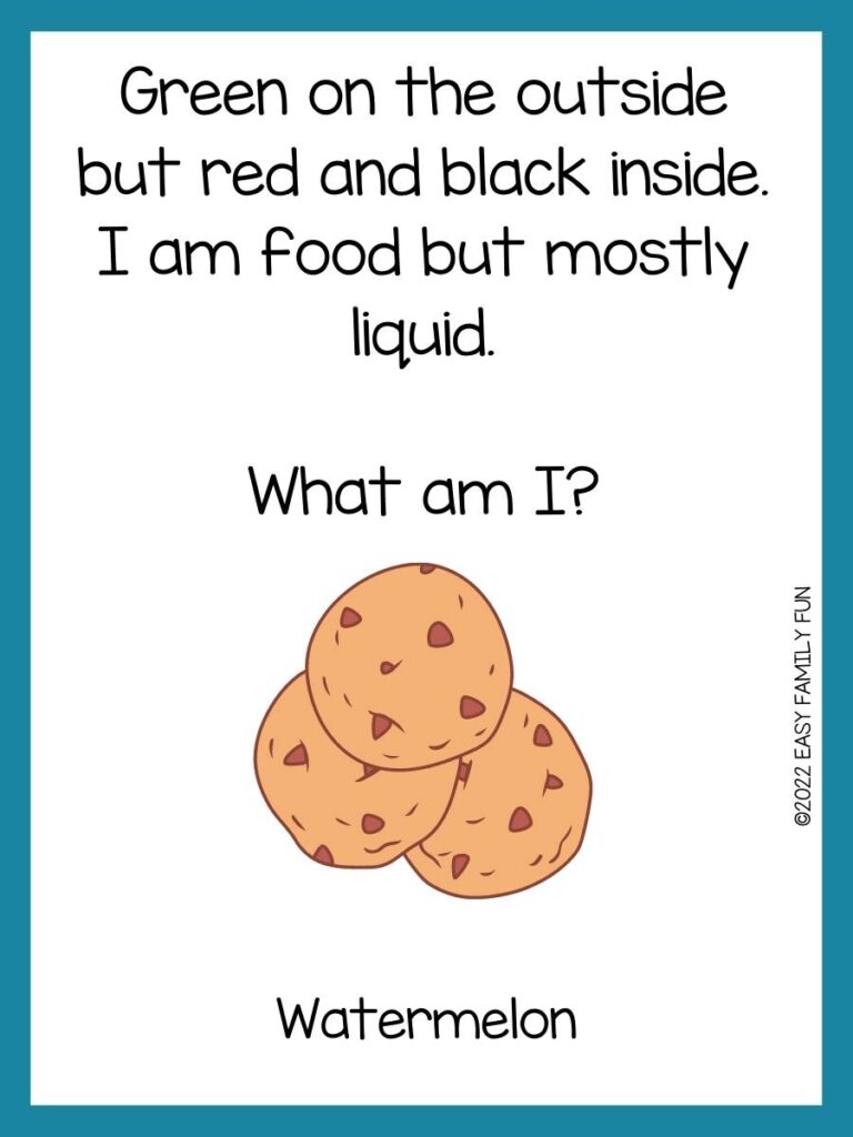 Food riddle with a picture of three chocolate chip cookies on a white background with a blue border.