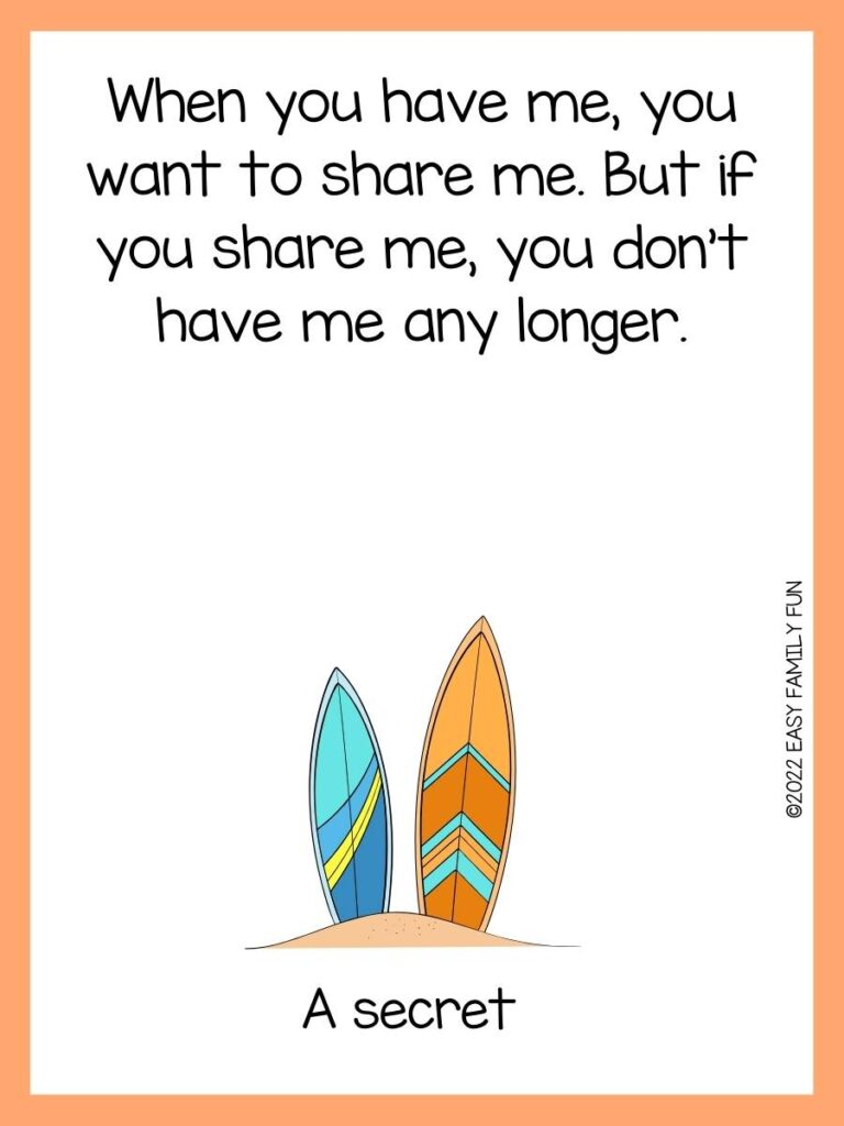 Riddle card with two surfboards on white background with a peach border. 