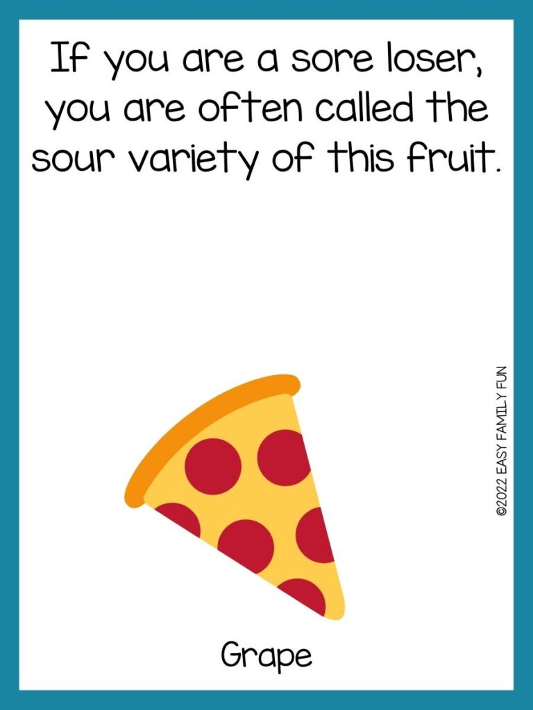 Food riddle with a picture of a piece of pizza on a white background with a blue border.